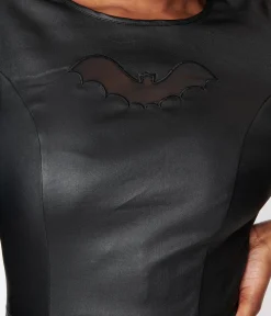 Unique Vintage Black Bat Cutout Faux Leather Wiggle Dress