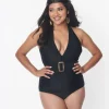 Unique Vintage Black Belted Halter Swimsuit