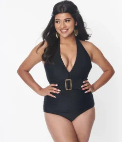 Unique Vintage Black Belted Halter Swimsuit