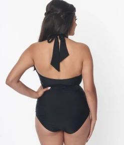 Unique Vintage Black Belted Halter Swimsuit