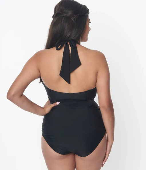 Unique Vintage Black Belted Halter Swimsuit