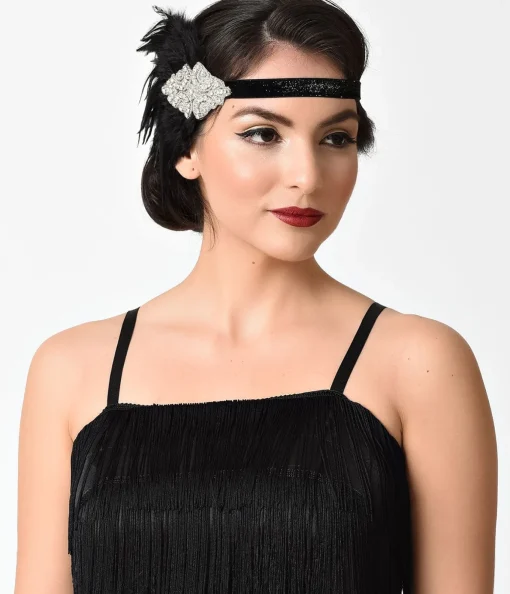 Unique Vintage Black Coque Feather & Silver Rhinestone Headband