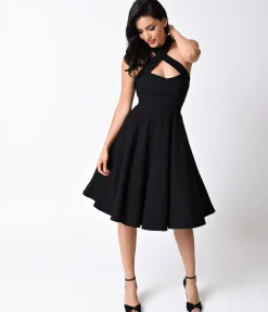 Unique Vintage Black Criss Cross Halter Rita Flare Dress