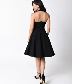 Unique Vintage Black Criss Cross Halter Rita Flare Dress