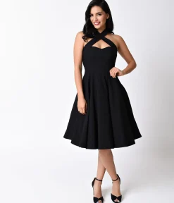 Unique Vintage Black Criss Cross Halter Rita Flare Dress