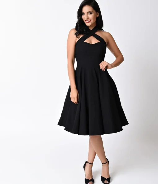 Unique Vintage Black Criss Cross Halter Rita Flare Dress