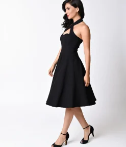 Unique Vintage Black Criss Cross Halter Rita Flare Dress