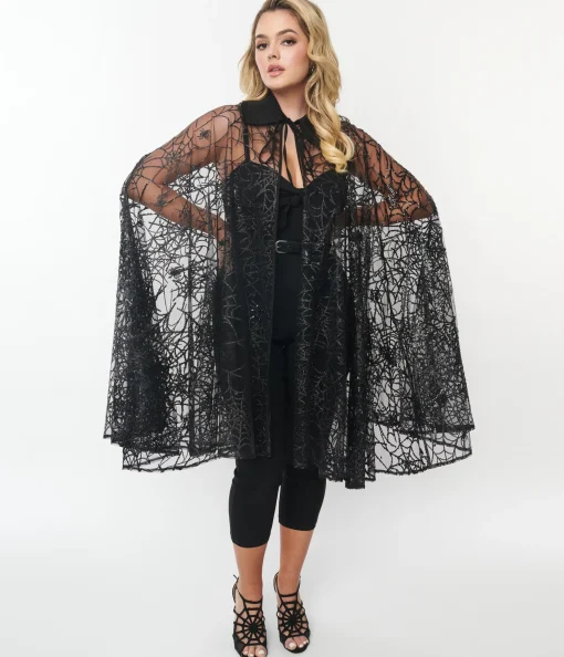 Unique Vintage Black Glitter Spiderweb Mesh Cape