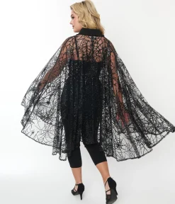 Unique Vintage Black Glitter Spiderweb Mesh Cape