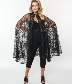 Unique Vintage Black Glitter Spiderweb Mesh Cape