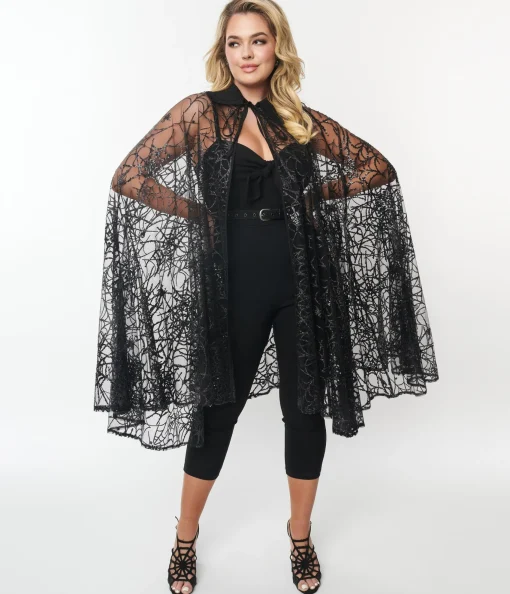 Unique Vintage Black Glitter Spiderweb Mesh Cape