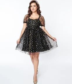 Unique Vintage Black Gold Star Mesh Babydoll Belle Dress