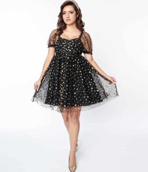 Unique Vintage Black Gold Star Mesh Babydoll Belle Dress