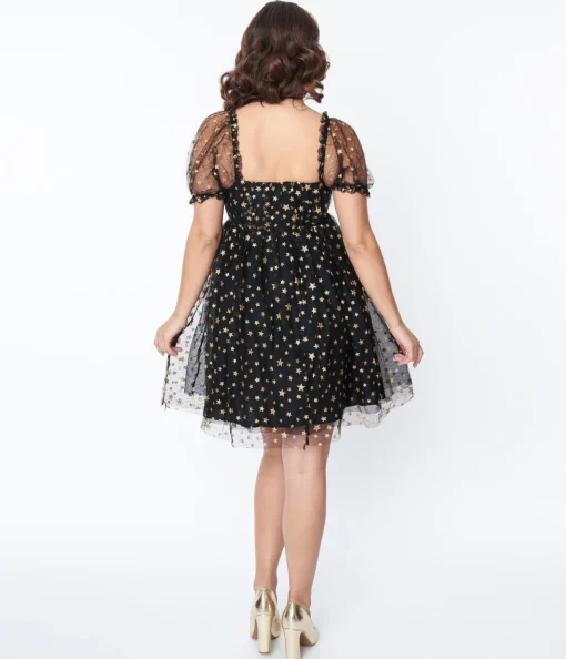 Unique Vintage Black Gold Star Mesh Babydoll Belle Dress