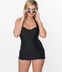Unique Vintage Black Halter Swim Dress