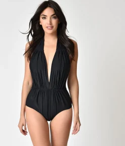 Unique Vintage Black Halter Shirred Derek One Piece Swimsuit