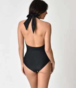 Unique Vintage Black Halter Shirred Derek One Piece Swimsuit