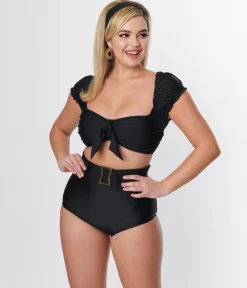 Unique Vintage Black High Waist Belted Swim Bottom