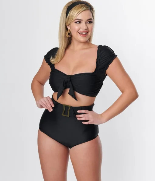Unique Vintage Black High Waist Belted Swim Bottom