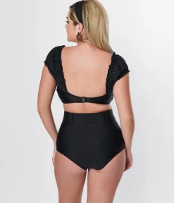 Unique Vintage Black High Waist Belted Swim Bottom