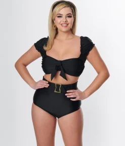 Unique Vintage Black High Waist Belted Swim Bottom