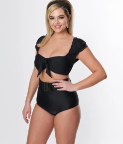 Unique Vintage Black High Waist Belted Swim Bottom