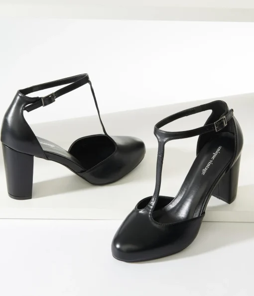 Unique Vintage Black Leatherette T-Strap Astaire Pumps
