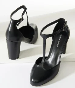 Unique Vintage Black Leatherette T-Strap Astaire Pumps
