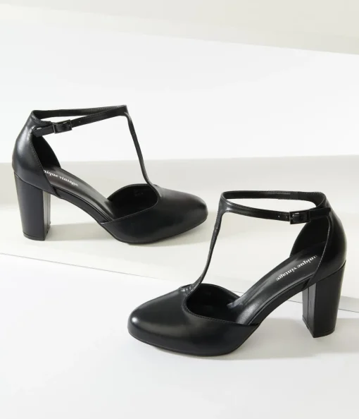 Unique Vintage Black Leatherette T-Strap Astaire Pumps