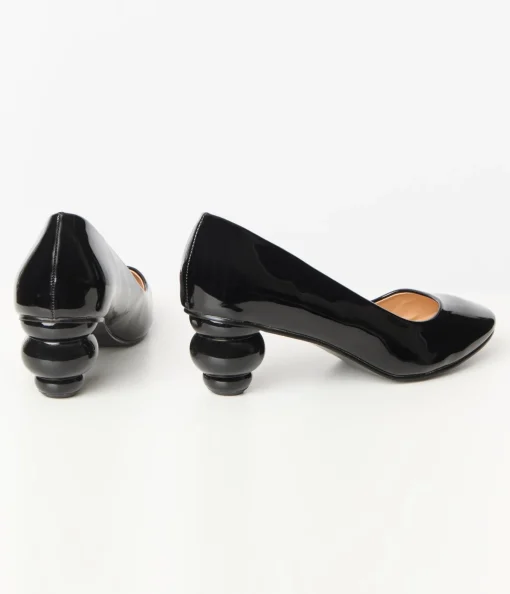 Unique Vintage Black Patent Leatherette Ball Heel Pumps