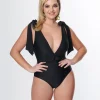 Unique Vintage Black Plunge One Piece Swimsuit