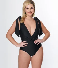 Unique Vintage Black Plunge One Piece Swimsuit