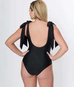 Unique Vintage Black Plunge One Piece Swimsuit