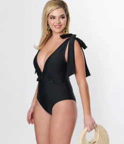 Unique Vintage Black Plunge One Piece Swimsuit