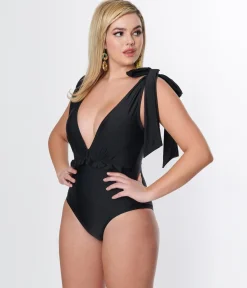 Unique Vintage Black Plunge One Piece Swimsuit