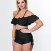 Unique Vintage Black Ruffle Swim Top