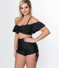Unique Vintage Black Ruffle Swim Top