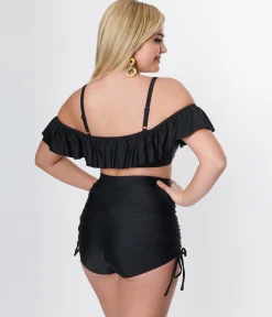 Unique Vintage Black Ruffle Swim Top