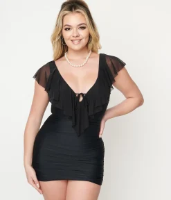 Unique Vintage Black Ruffle Sheath Swimsuit