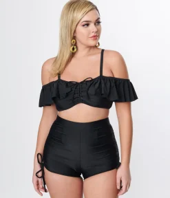 Unique Vintage Black Ruffle Swim Top