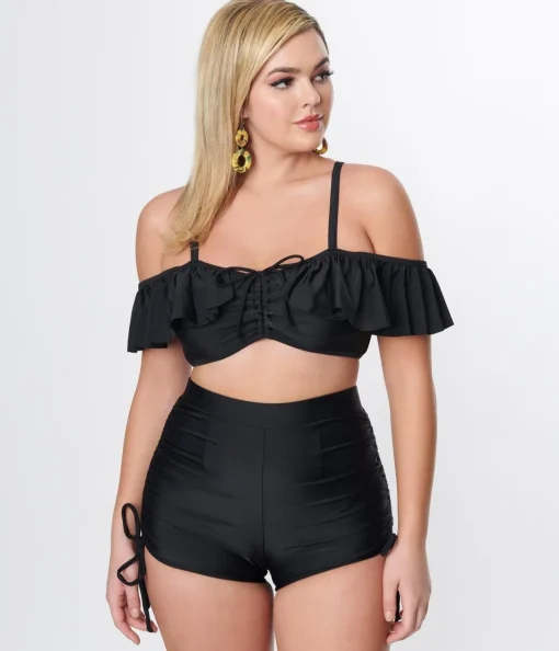 Unique Vintage Black Ruffle Swim Top