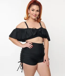 Unique Vintage Black Ruffle Swim Top