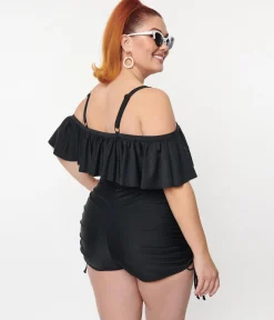 Unique Vintage Black Ruffle Swim Top