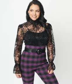 Unique Vintage Black Spiderweb Flocked Donna Blouse