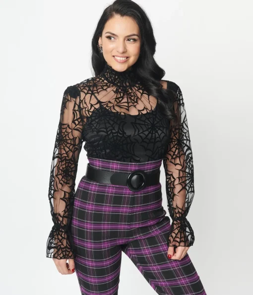 Unique Vintage Black Spiderweb Flocked Donna Blouse