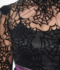Unique Vintage Black Spiderweb Flocked Donna Blouse