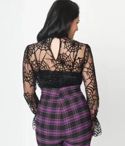 Unique Vintage Black Spiderweb Flocked Donna Blouse