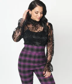 Unique Vintage Black Spiderweb Flocked Donna Blouse