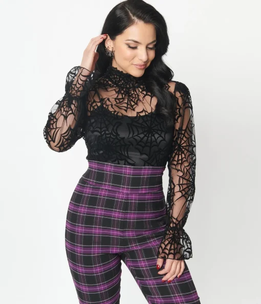 Unique Vintage Black Spiderweb Flocked Donna Blouse