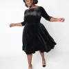 Unique Vintage Black Velvet Faux Bow Devon Swing Dress